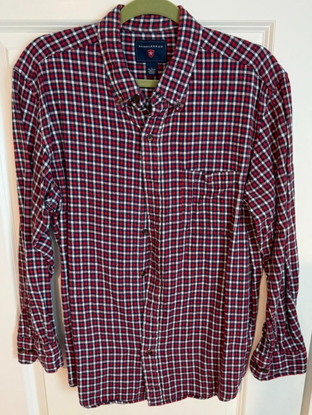 Saddlebred Red Blue Plaid Button Down Shirt Men's Large 100% Cotton